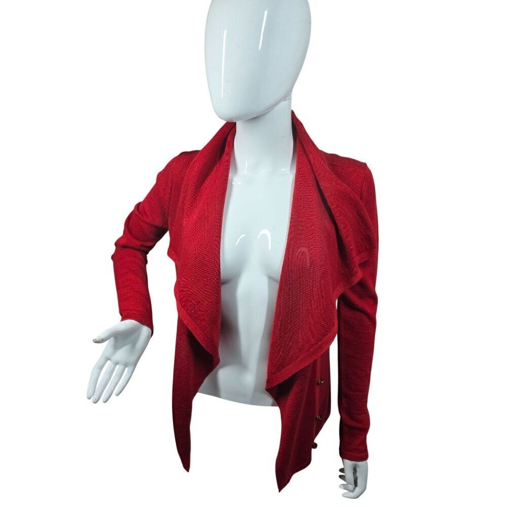 Calvin Klein Red Wool Knit Cardigan Wrap Sweater Women Sz S Decorative Gold Btns - Picture 2 of 13
